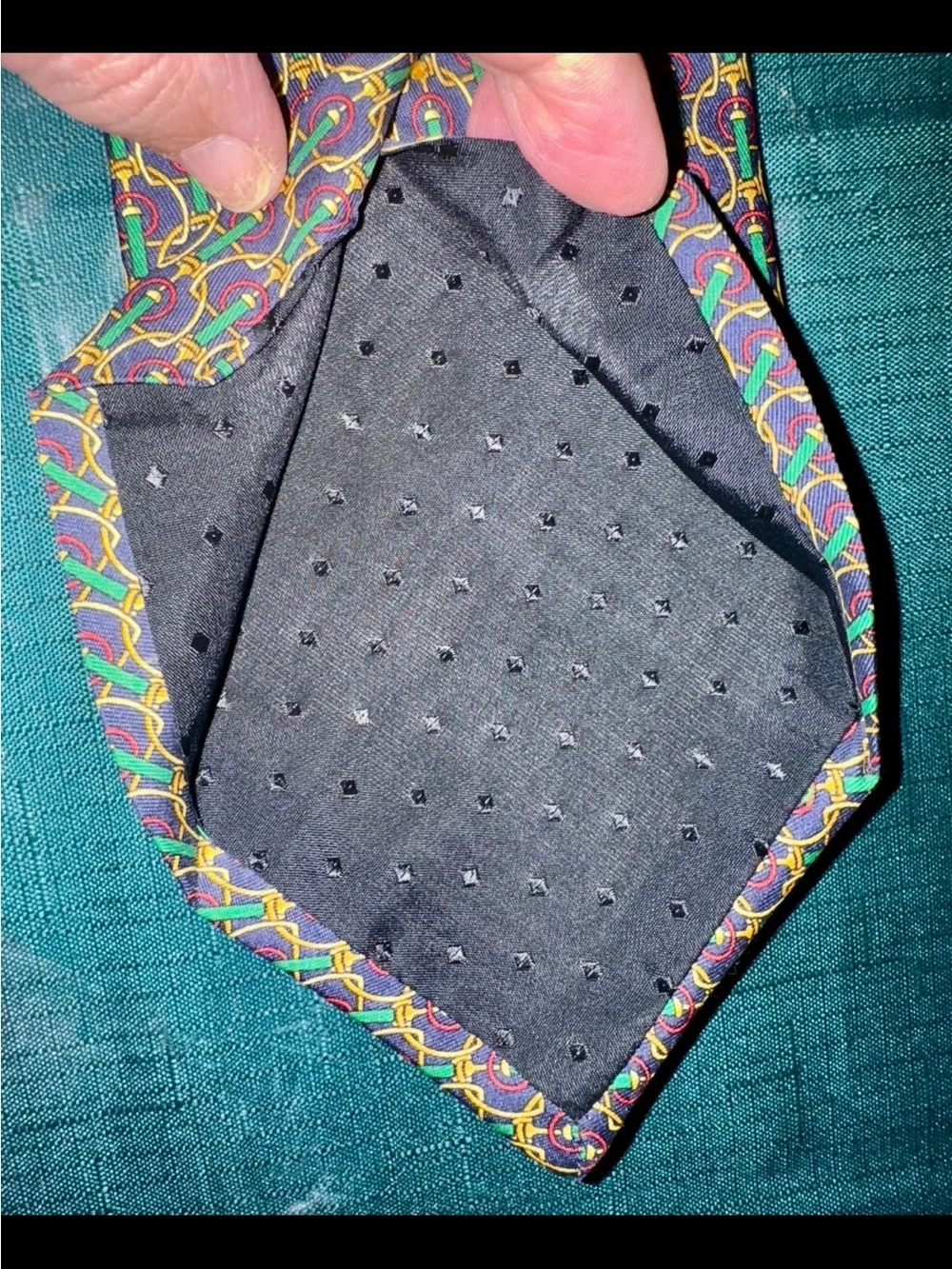 Barney’s Men's Patterned Silk Tie in Green, Red and Yellow
